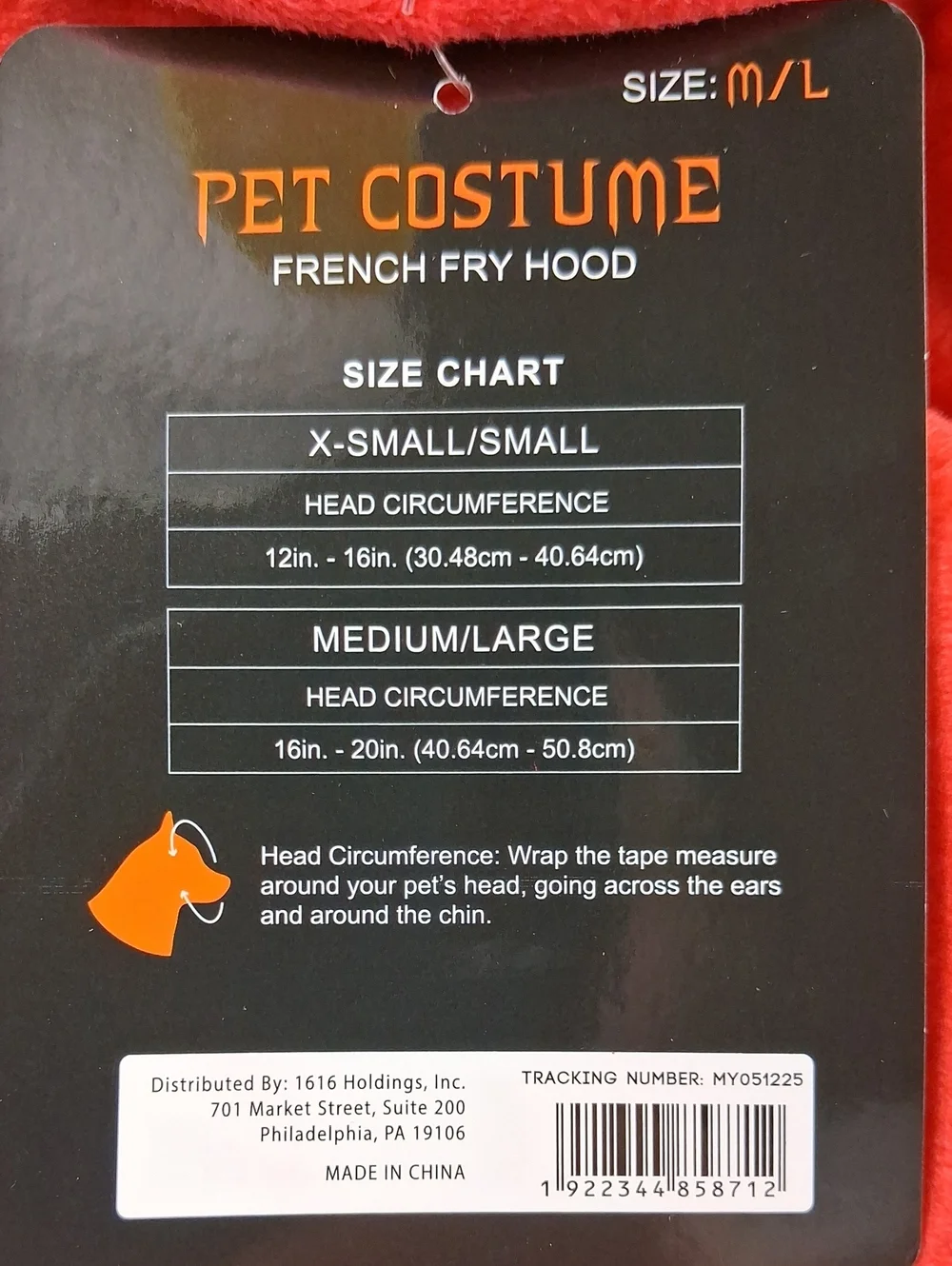 Pet Costume Frenchy Fry Hood Cat Or Dog Halloween Adjustable Velcro Back M/L